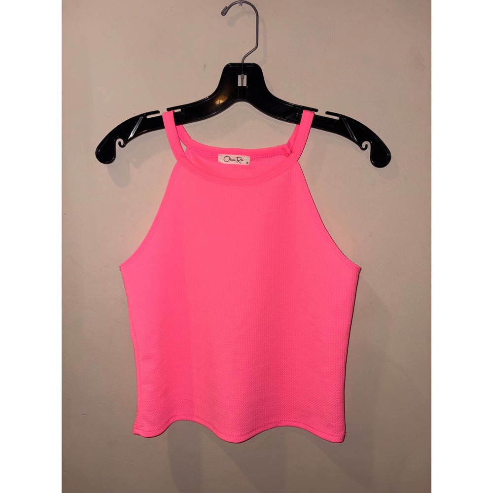 Olivia Rae Neon Pink High Neck Halter Textured Crop Tank Top Womens Medium